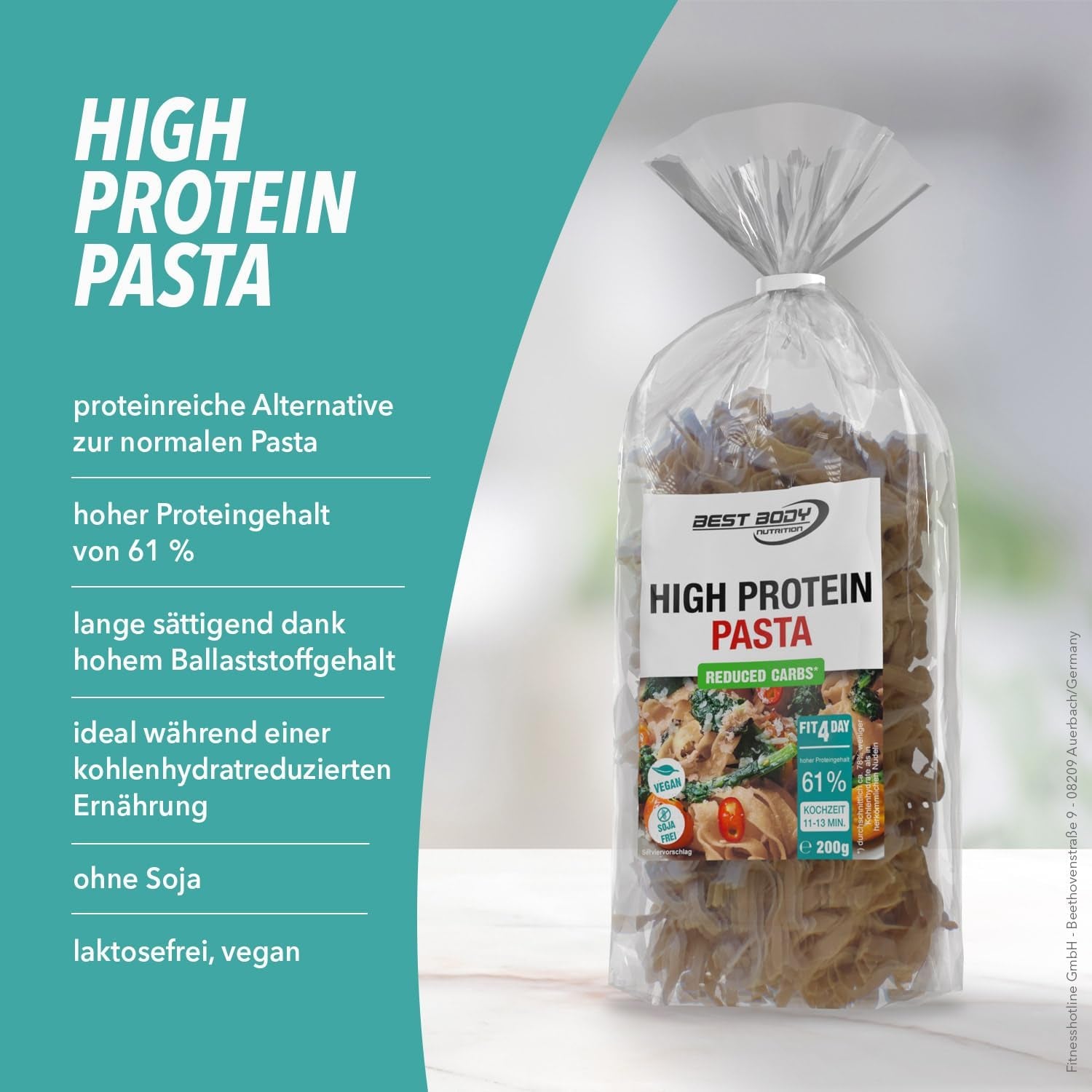 Best Body Nutrition Protein tészta 6 x 200 g - Fit4Day High Protein Tagliatelle - 61% fehérje, alacsony szénhidráttartalmú, vegán és laktózmentes, szójamentes - Kiváló minőségű borsófehérje - alacsony szénhidráttartalmú étrendekhez