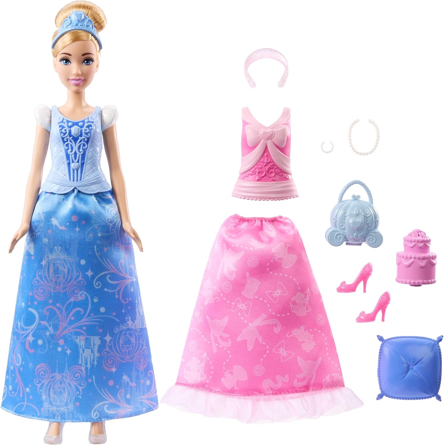 Mattel Disney-Princess-Spielzeuge, Hamupipőke-Modepuppe 2 Looks, 9 Accessoires, 2 Oberteile zum Anklipsen és 2 Röcke. 2-in-1-Geschichten inspiriert vom Disney-Film, JCR95