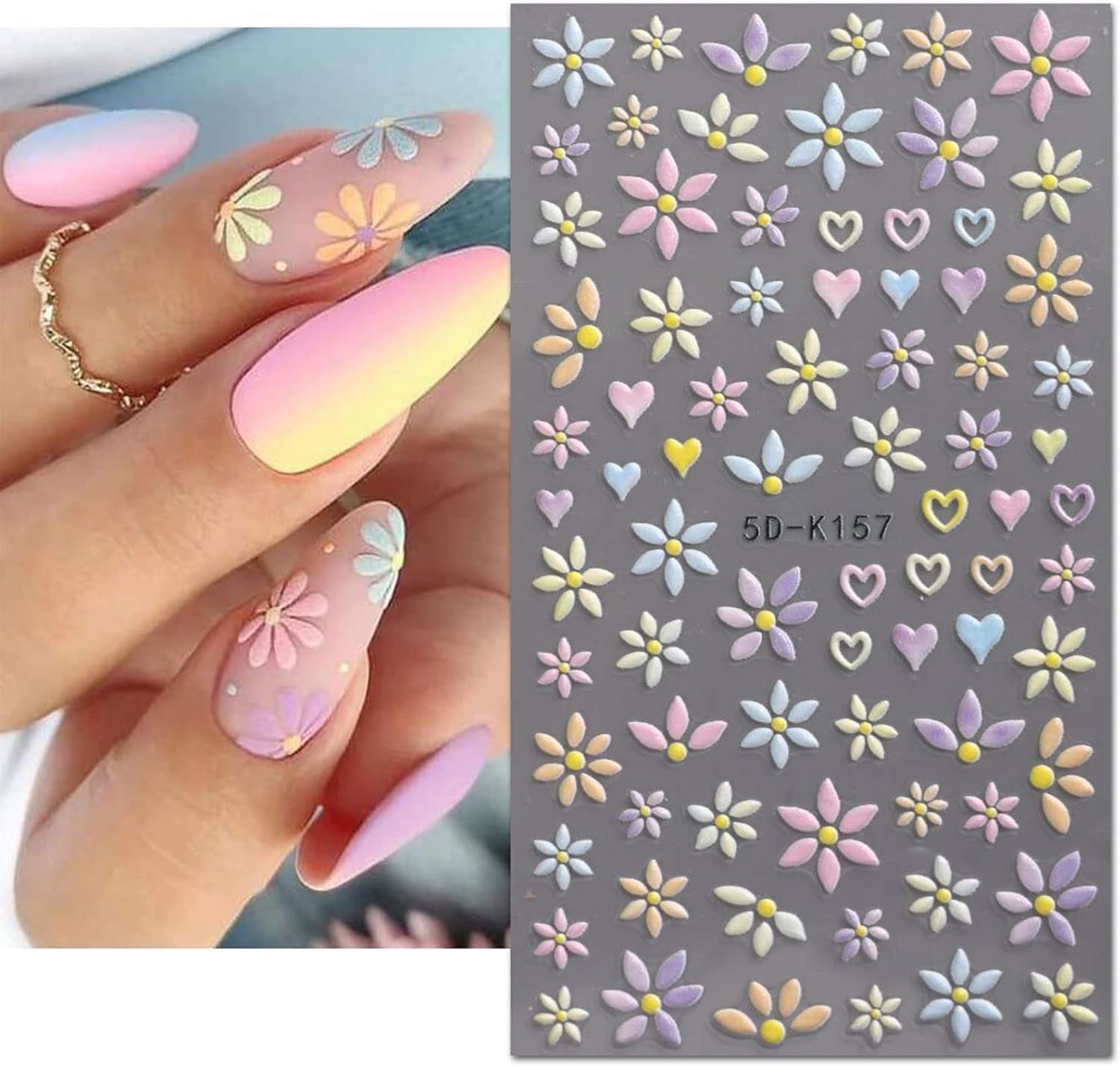JMEOWIO 3D Nagelsticker Blume Frühlings Nail Art Sticker Selbstklebend Nagelaufkleber 5D Stereoskopisch Sommer Bunter Blumen Dekoration Nageldesign Zubehör 4 Blatt