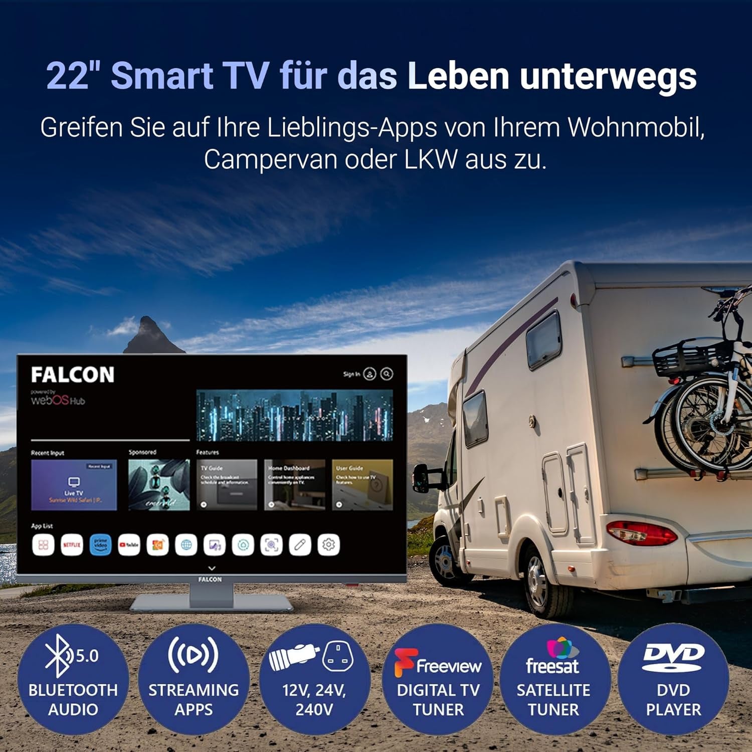 Televizor LED Falcon Full HD de 22 de inci cu LG WebOS SMART WiFi, potrivit pentru camping/autorulote (12V/24V), DVD player, Bluetooth, HDMI, USB, Paramount Plus, Magenta, Netflix, Prime Video, Disney Plus, DAZN și streaming IPTV