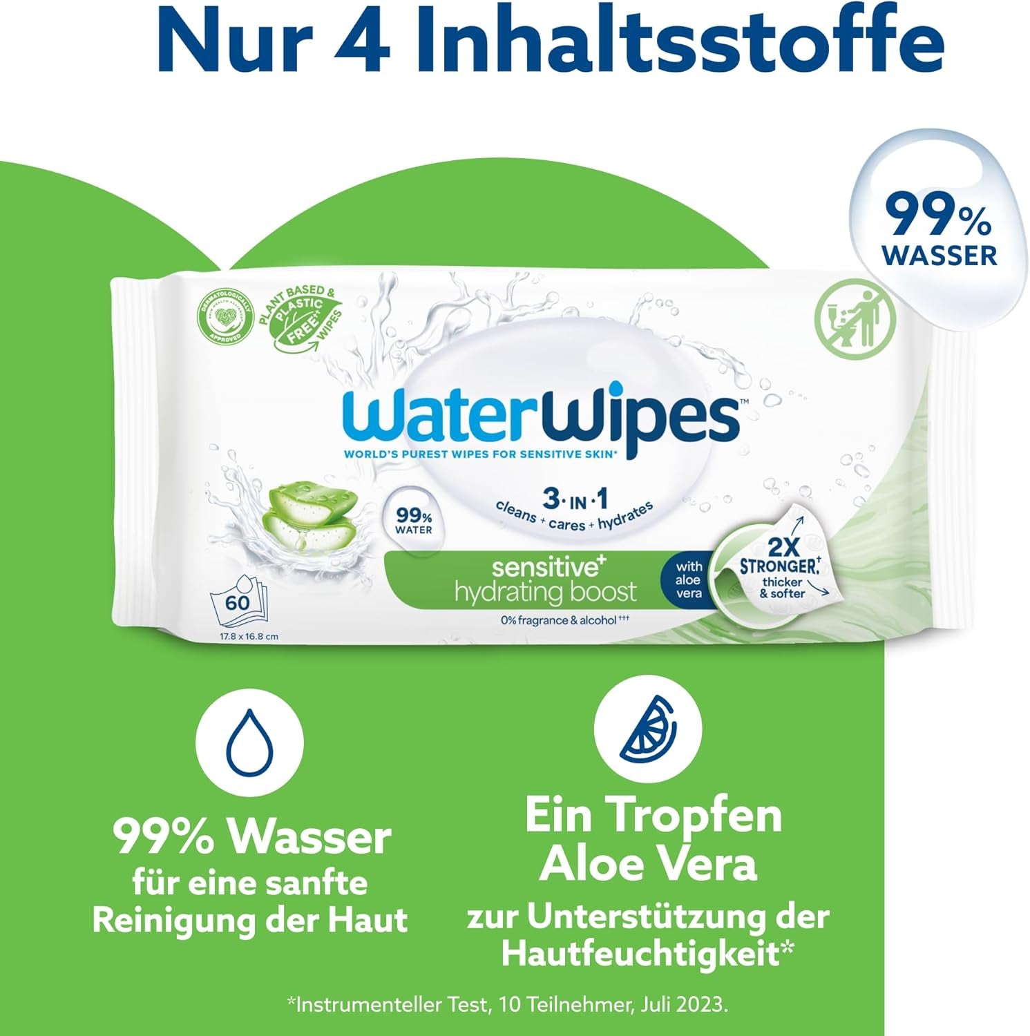 WaterWipes Sensitive+ Hydrating Boost nedves törlőkendők, hidratáló törlőkendők, 360 darab (6 csomag), 3 az 1-ben tiszta, ápoló, hidratáló, 99% aloe vera víz, illatmentes baba törlőkendők