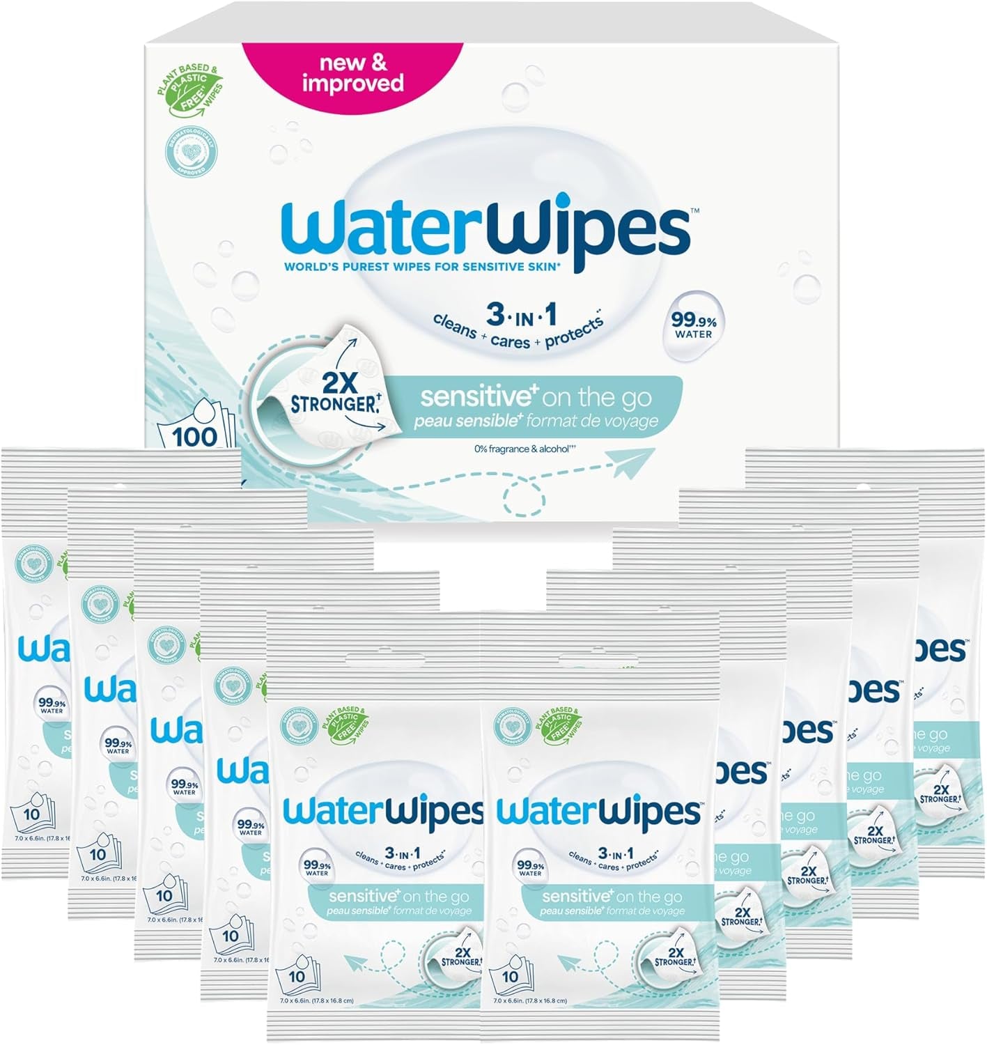 WaterWipes Sensitive+ On The Go nedves törlőkendők, 100 törlőkendő (10 csomag), 3 az 1-ben tisztít, ápol, véd, 99,9% víz, illatmentes törlőkendő
