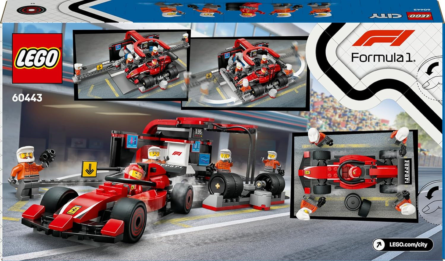 LEGO City F1 Pit Stop Pit Crew-val és Ferrari Flitzerrel - Formel 1 Pit Stop készlet 1 versenyzővel és 4 szerelő minifigurával - Spielzeug Rennauto für Boys und Mädchen ab 6 Jahren - 60443
