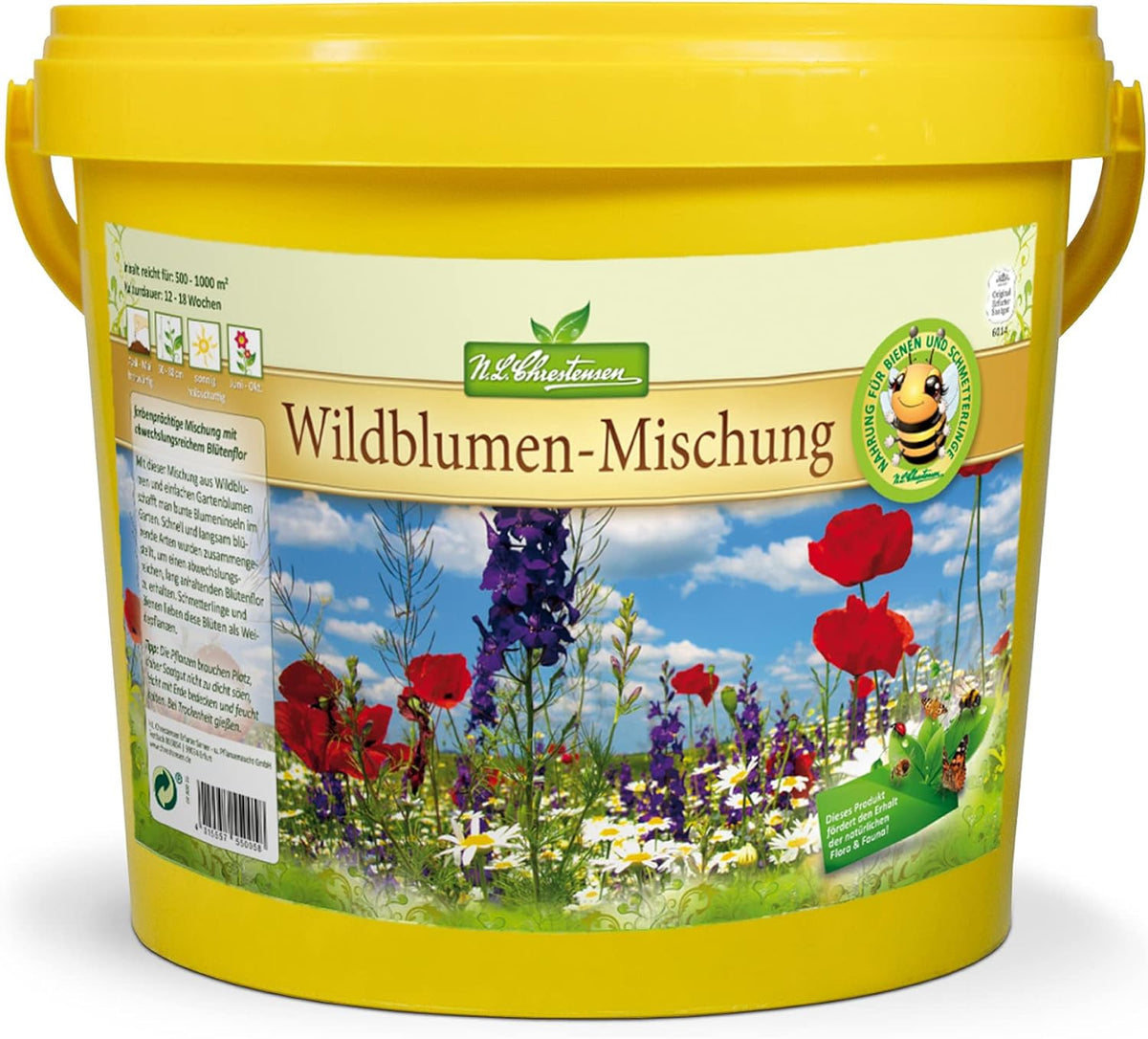 Wild Flower Mix NL Chrestensen | 5 literes vödör 500-1000 m²-hez | Hardy évelő virágmag | Vadvirág rét méheknek és lepkéknek | Kertnek, rétnek