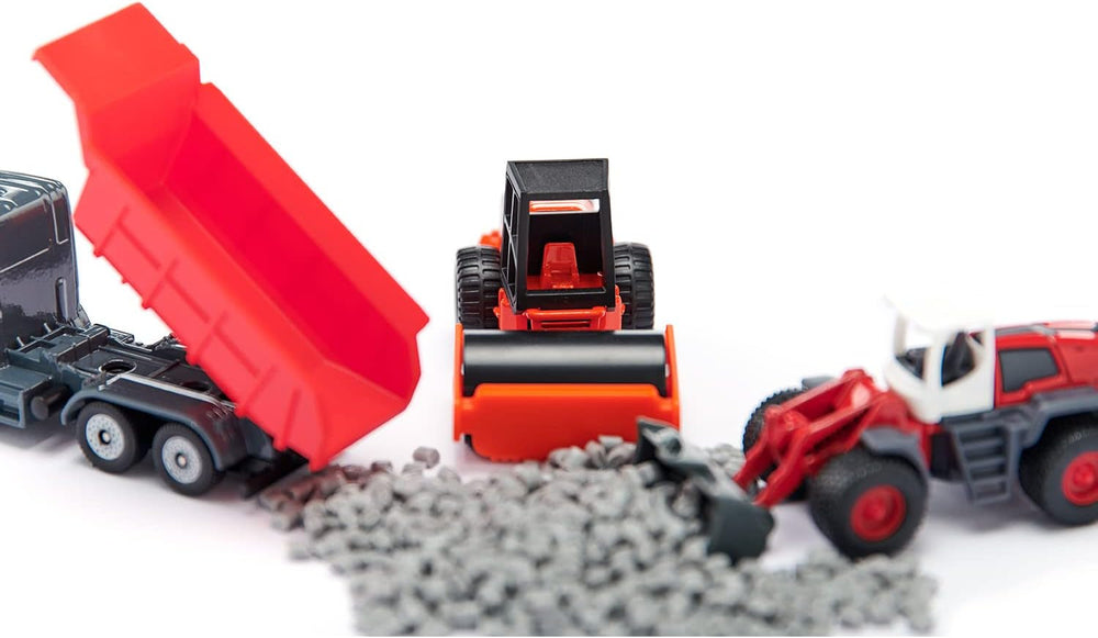 siku 6329, Geschenkset Straßenbau, Muldenkipper, Liebherr Radlader, Straßenwalze, Bewegliche Teile, Inkl. Granulat