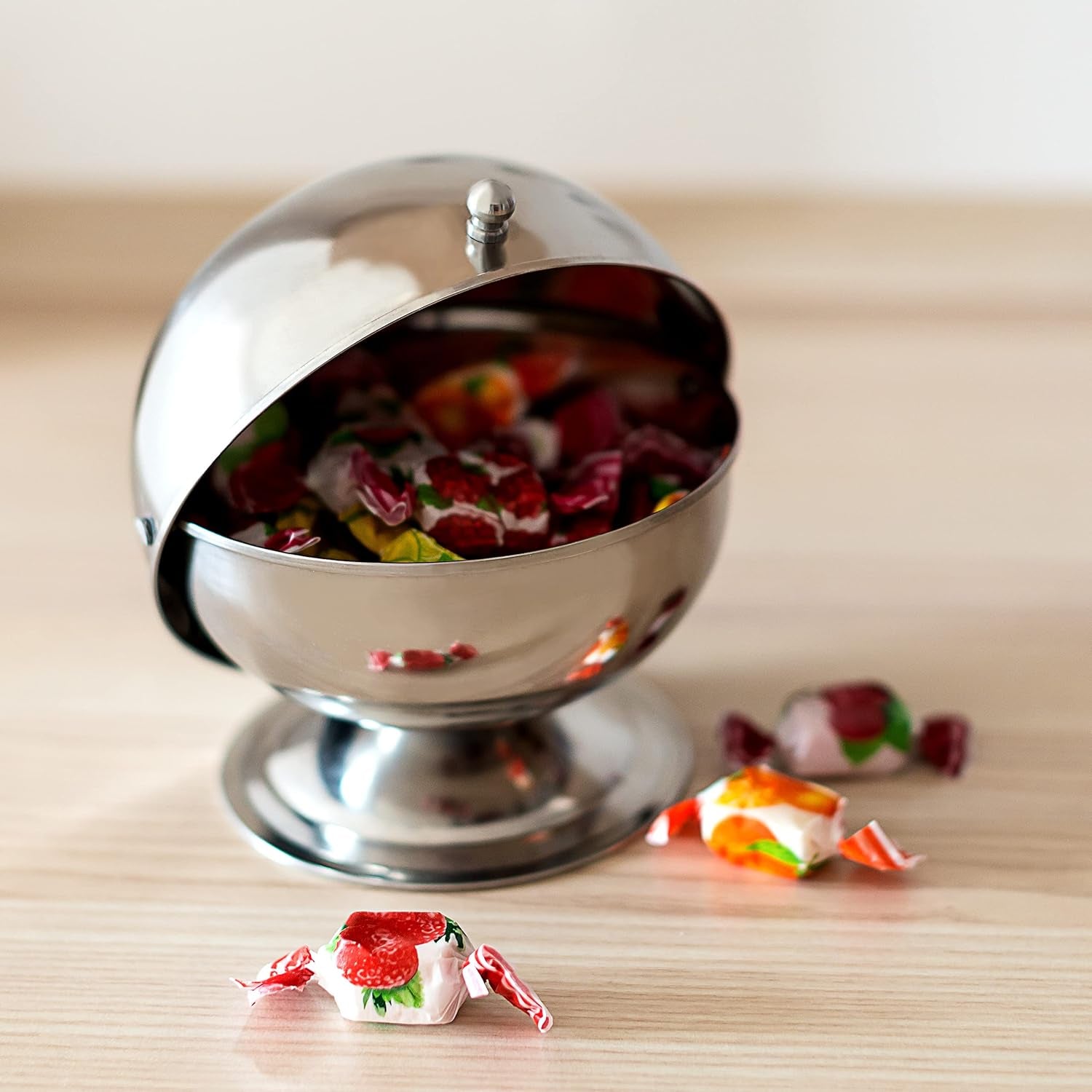 Zahărniță Relaxdays SWEETY din oțel inoxidabil, 14 x 13 x 13 cm (Î x L x A), bilă de zahăr cu capac rulant, bombonieră rotundă, argintie