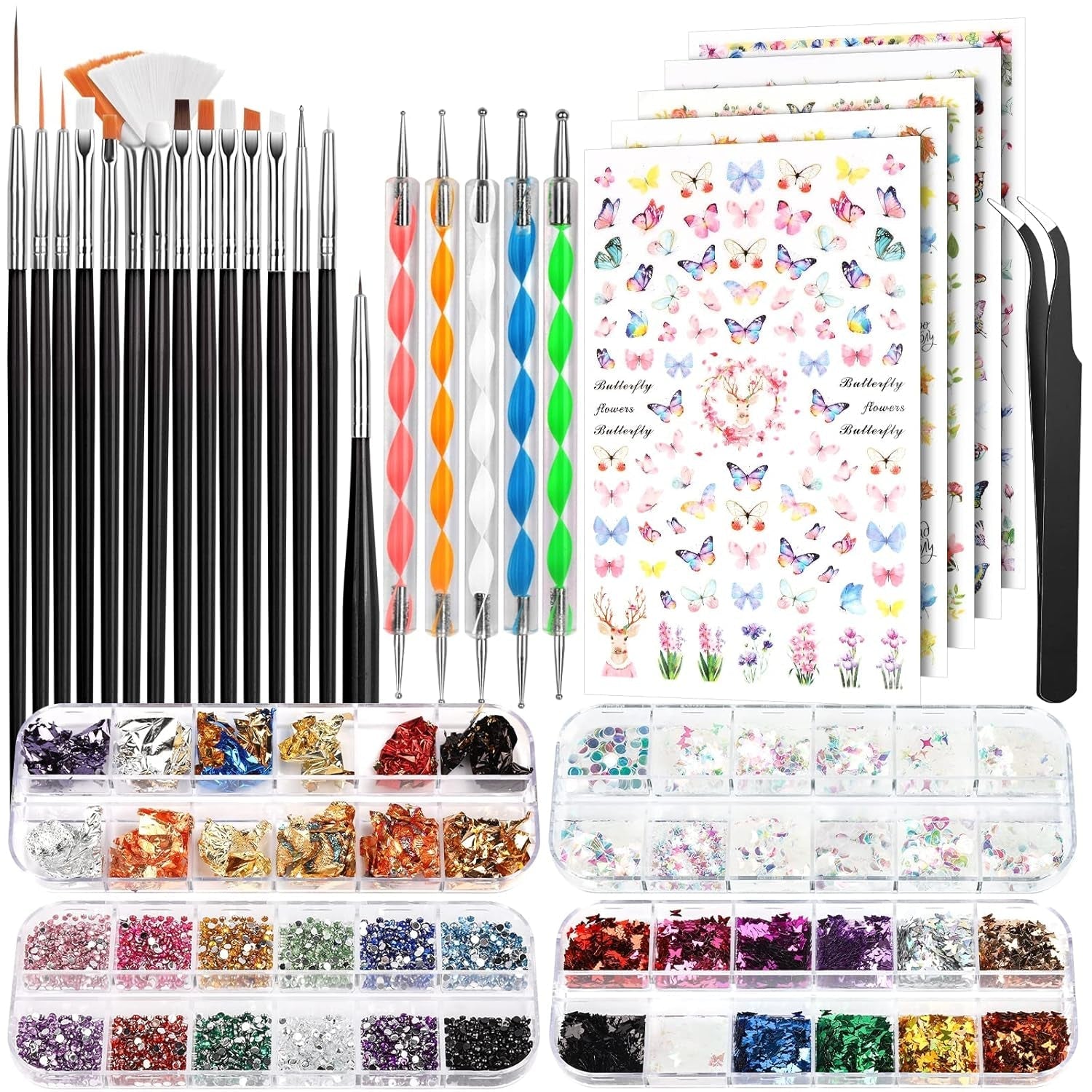 FANDAMEI Pinsel Für Gelnägel, 15 Pcs Nagel Pinsel, 5 Blätter Nagelsticker, Strasssteine Nägel, Nageldesign Set, Nageldesign Zubehör, Nail Art Pinsel Set, Nailart Pinsel Und Dekorationen Set