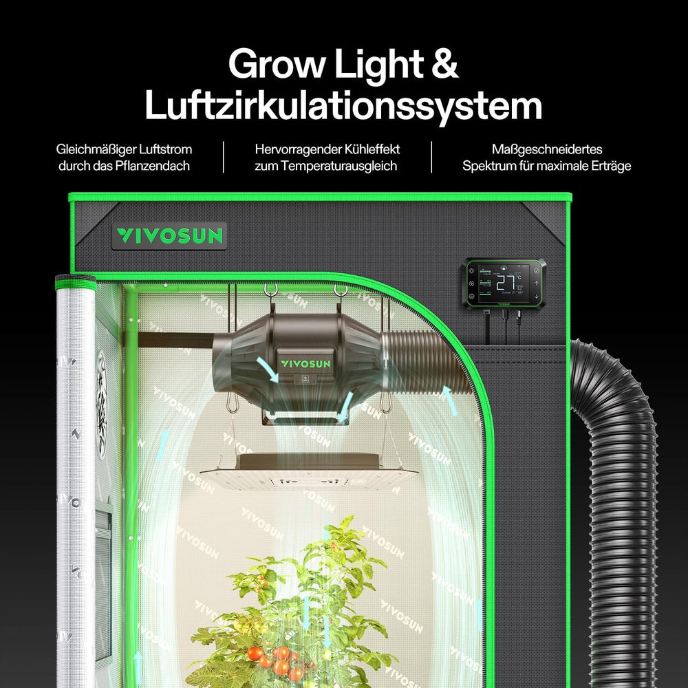 VIVOSUN Smart Grow sátor teljes készlet 60x60x120cm, integrált WiFi automatikus növesztő rendszer 100W teljes spektrumú LED világítással és hatékony szellőzőrendszer GrowHub E42A+ vezérlővel