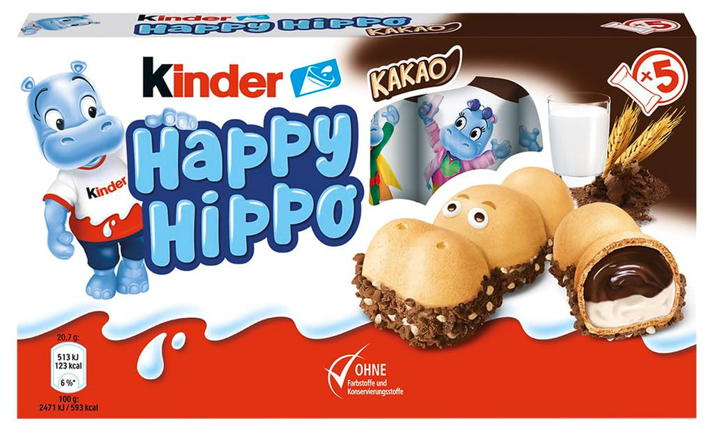 Kinder Happy Hippo Hazelnut – Különleges ropogós ostyák tejjel és mogyorókrémmel – Farsangi és Mardi Gras édességek – 1 csomag 5 db 20,7 g-os szeletet tartalmaz