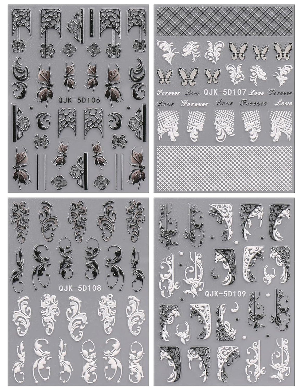 JMEOWIO 3D Nagelsticker Schwarz Weiß Blume Nail Art Sticker Selbstklebend Nagelaufkleber 5D Stereoskopisch Blumen Dekoration Nageldesign Zubehör 4 Blatt