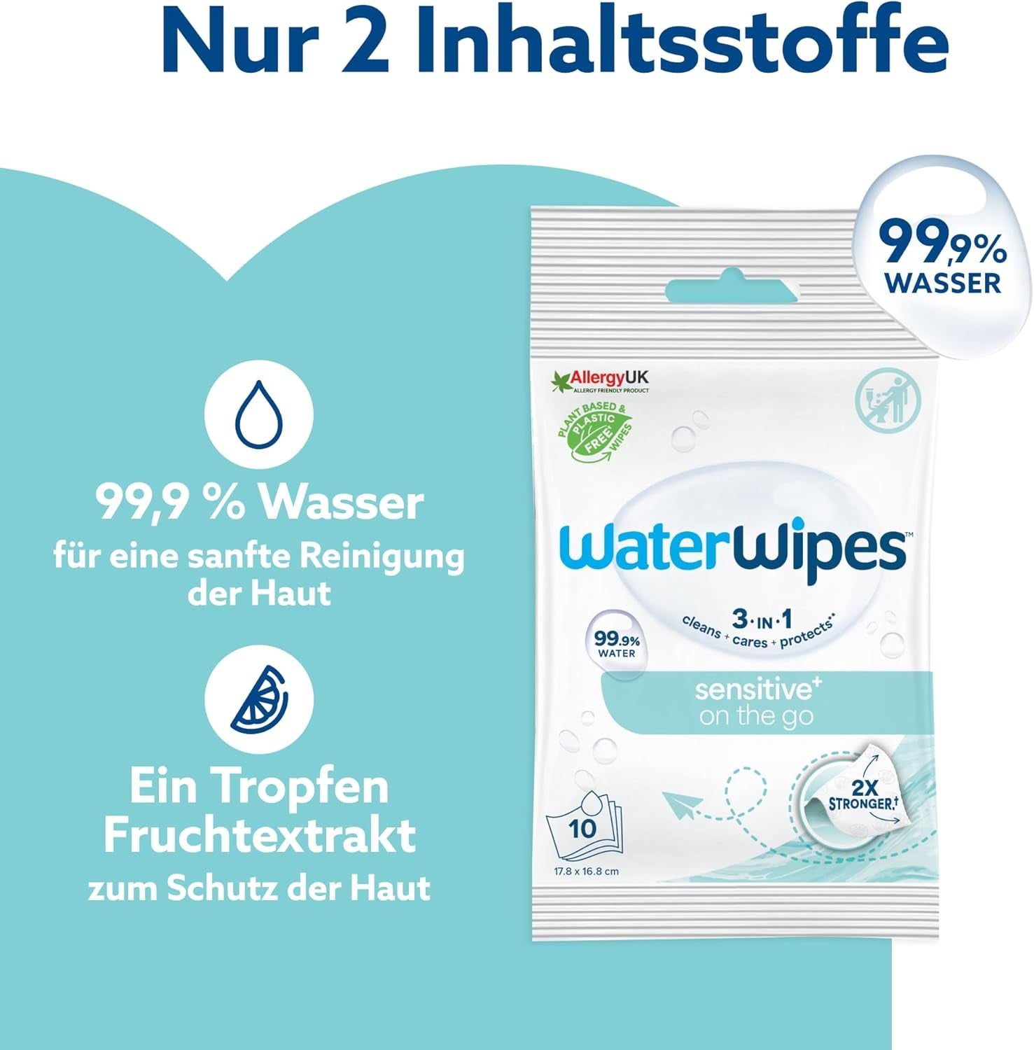 WaterWipes Sensitive+ On The Go nedves törlőkendők, 100 törlőkendő (10 csomag), 3 az 1-ben tisztít, ápol, véd, 99,9% víz, illatmentes törlőkendő