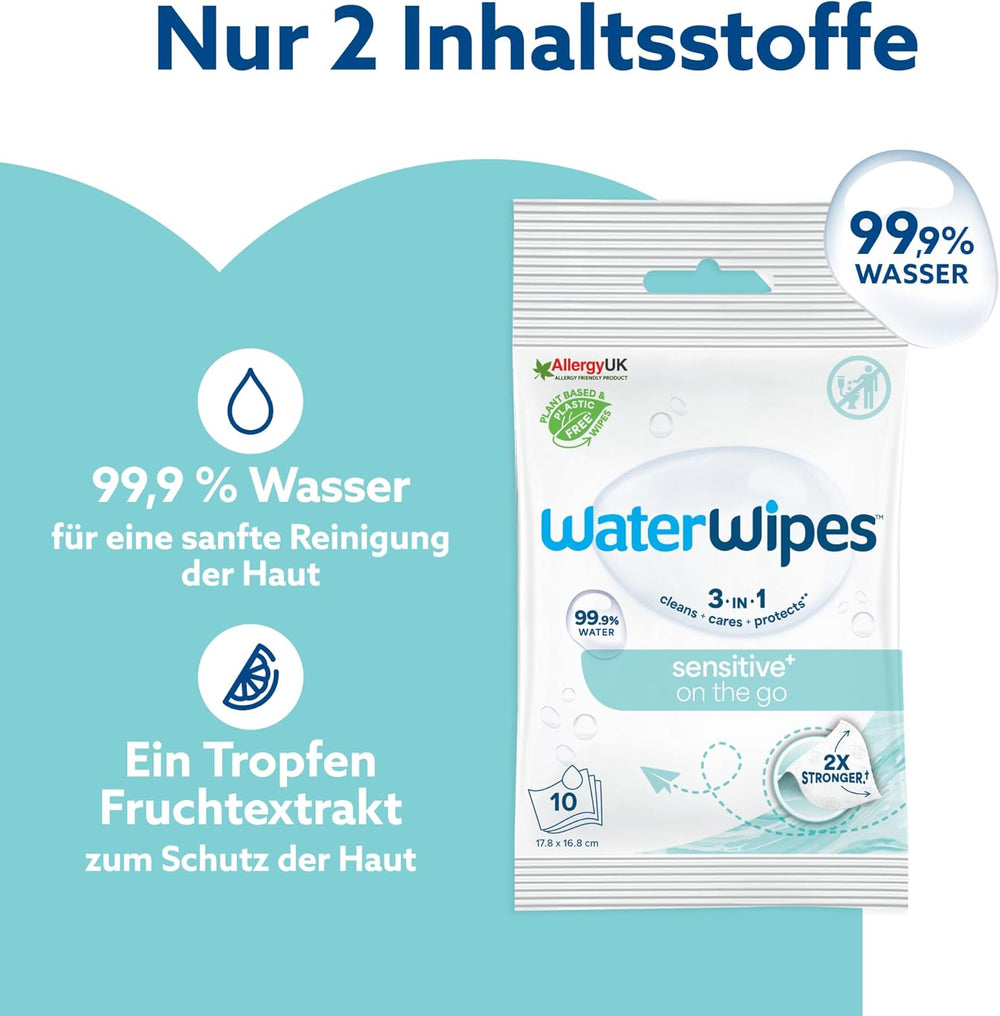 WaterWipes Sensitive+ On The Go nedves törlőkendők, 100 törlőkendő (10 csomag), 3 az 1-ben tisztít, ápol, véd, 99,9% víz, illatmentes törlőkendő