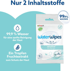 WaterWipes Sensitive+ On The Go nedves törlőkendők, 100 törlőkendő (10 csomag), 3 az 1-ben tisztít, ápol, véd, 99,9% víz, illatmentes törlőkendő