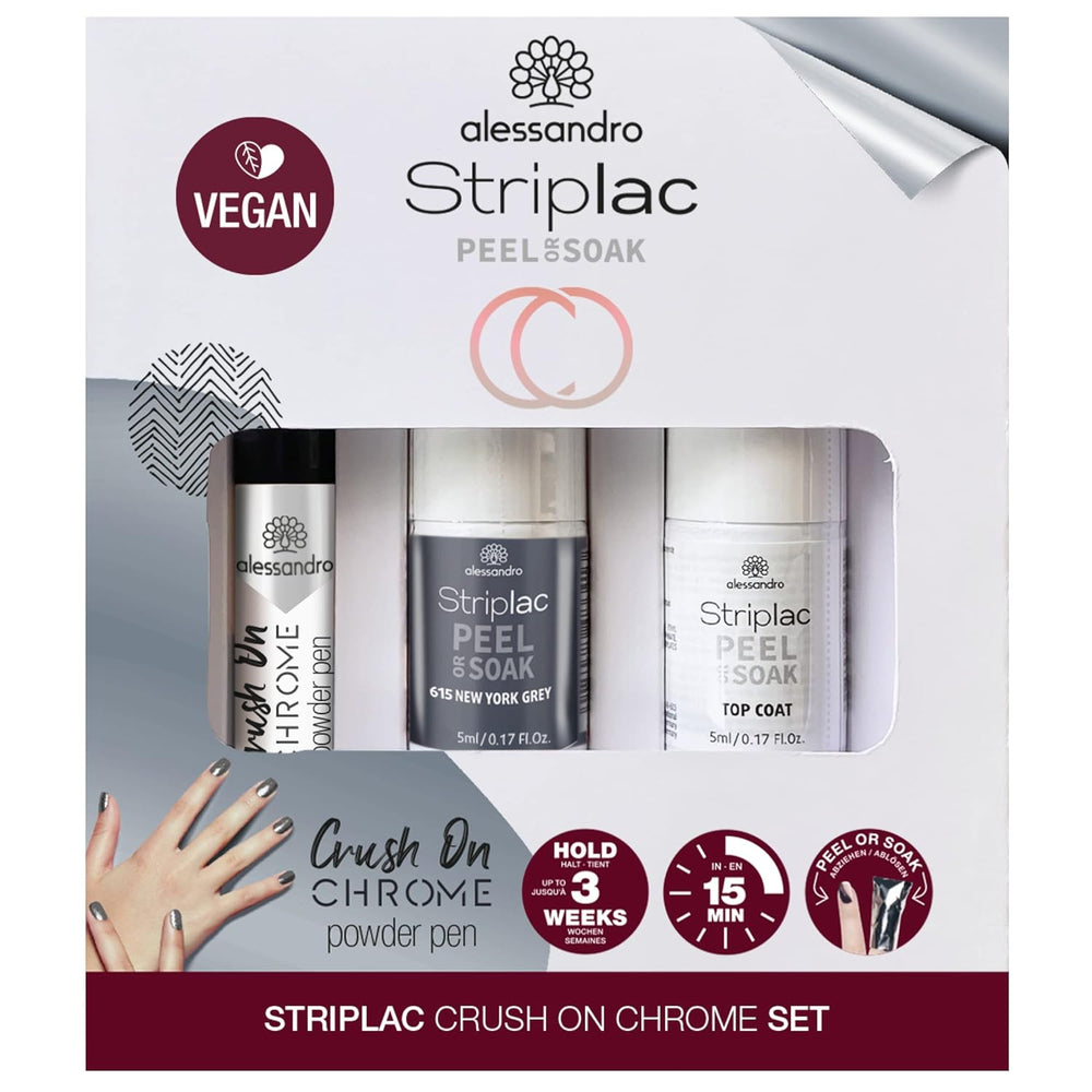 Set Alessandro Striplac Peel vagy Soak Silver Crush on Chrome – Tökéletes körmök 15 perc alatt