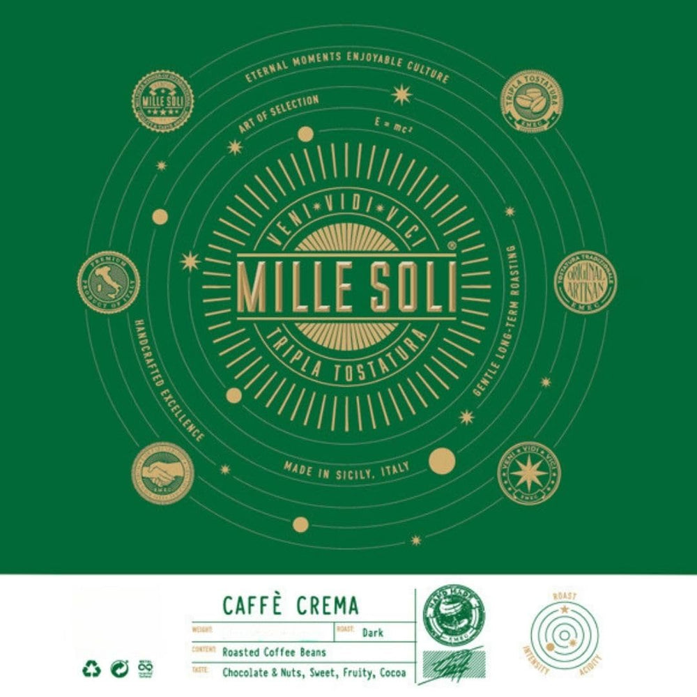 Caffè Crema - Boabe de cafea prăjite în Sicilia - Proces tradițional de prăjire îndelungată cu cremă perfectă, pungă de 250 g, aciditate deosebit de scăzută pentru aparate complet automate și portafiltru