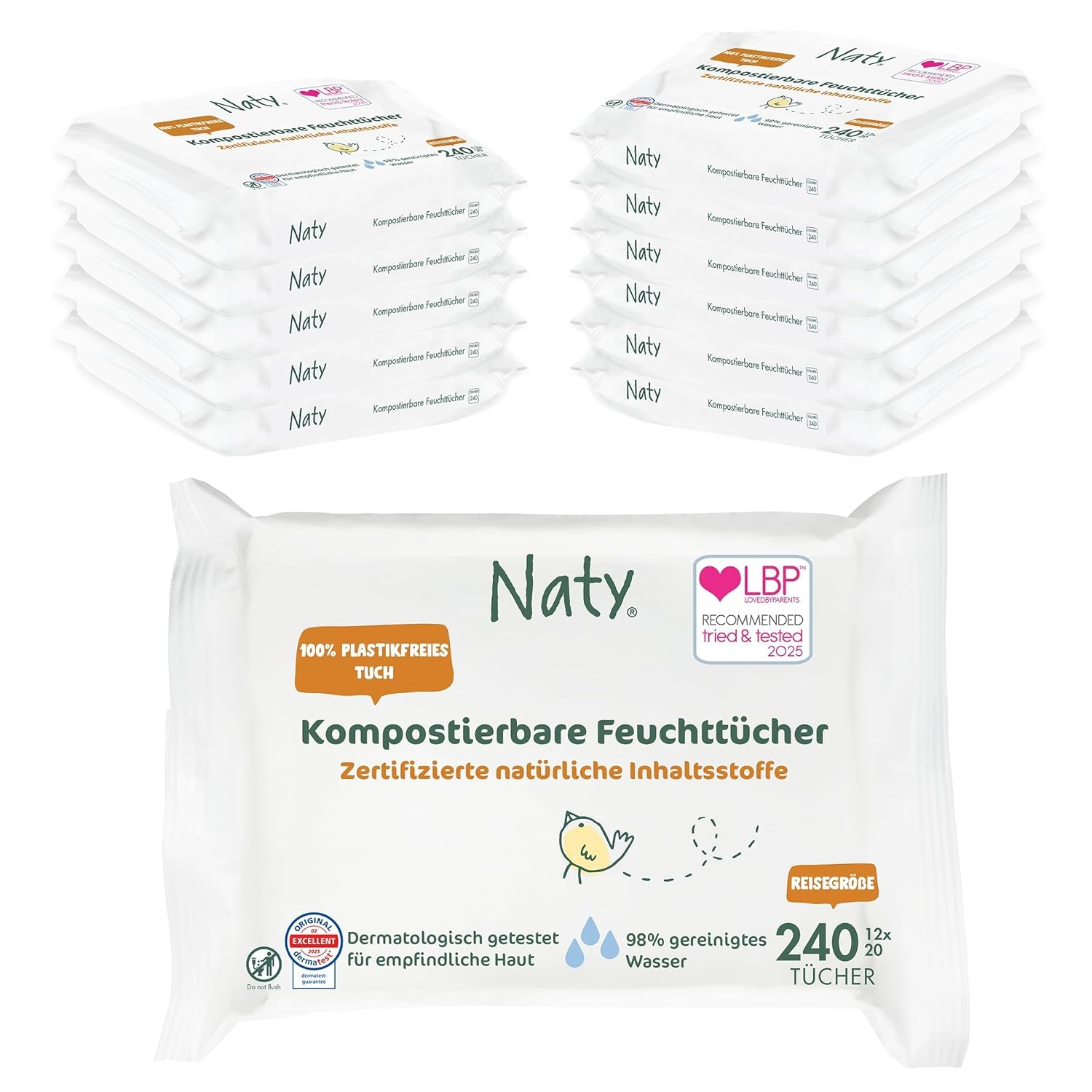 Naty Baby Wipes | 100%-ban gyógynövény- és illatanyagmentes érzékeny bőrre | Műanyagmentes és minősített komposztálható törlőkendők 98%-ban tisztított vízzel | 672 törlőkendő (12 csomag)
