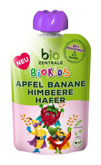 biocentral BioKids Gyümölcspüré Alma Banán Málna Zab | 12 x 90g | Gyümölcsös snack hozzáadott cukor nélkül | Vegán