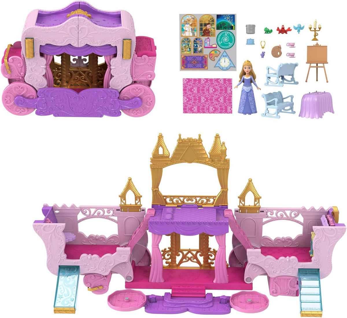 Mattel Disney Prinzessin Verwandlungs-Spielset Kutsche zu Schloss mit kleiner Puppe Aurora, 3 Ebenen, 6 Spielbereichen, 4 Figuren, Möbeln & Zubehör HWX17