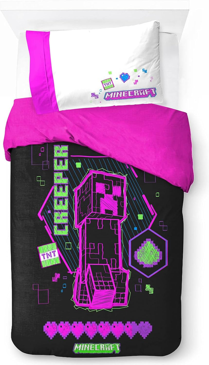 Set de lenjerie de pat pentru copii, desene animate si super eroi, bumbac Lenjerie de pat - copii Naty Shop Negru - Minecraft 135X200/50X70 (2 Piece)