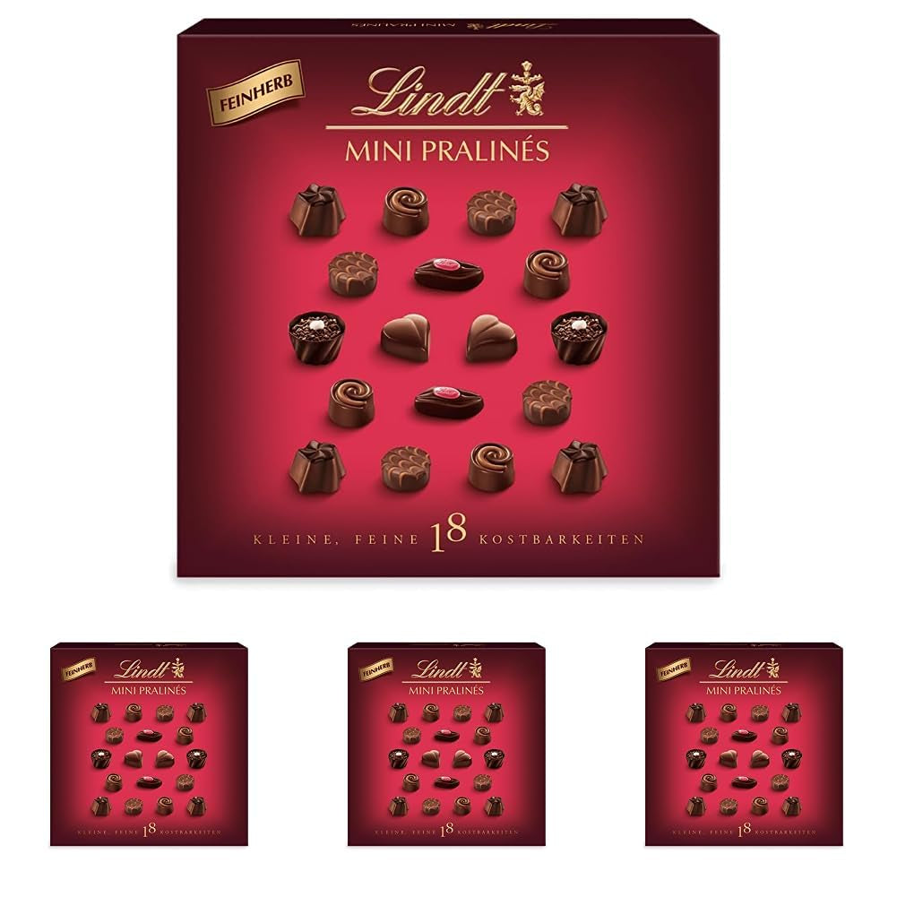 Csokoládé - ​​Mini étcsokoládé praliné | 90 g | Doboz 18 pralinéval, egyenként 6 finom választékban | Csokoládé ajándék | Csokoládé ajándék (4 db-os csomag)