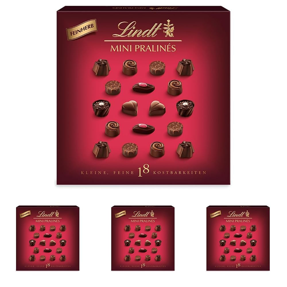 Csokoládé - ​​Mini étcsokoládé praliné | 90 g | Doboz 18 pralinéval, egyenként 6 finom választékban | Csokoládé ajándék | Csokoládé ajándék (4 db-os csomag)
