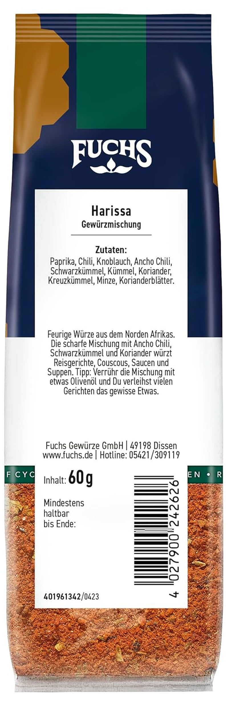 Fuchs Gewürze - Harissa Gewürzmischung im újrahasznosítható Nachfüllbeutel, zum Würzen von Ricegerichten, Couscous, Saucen és Suppen - 60 g