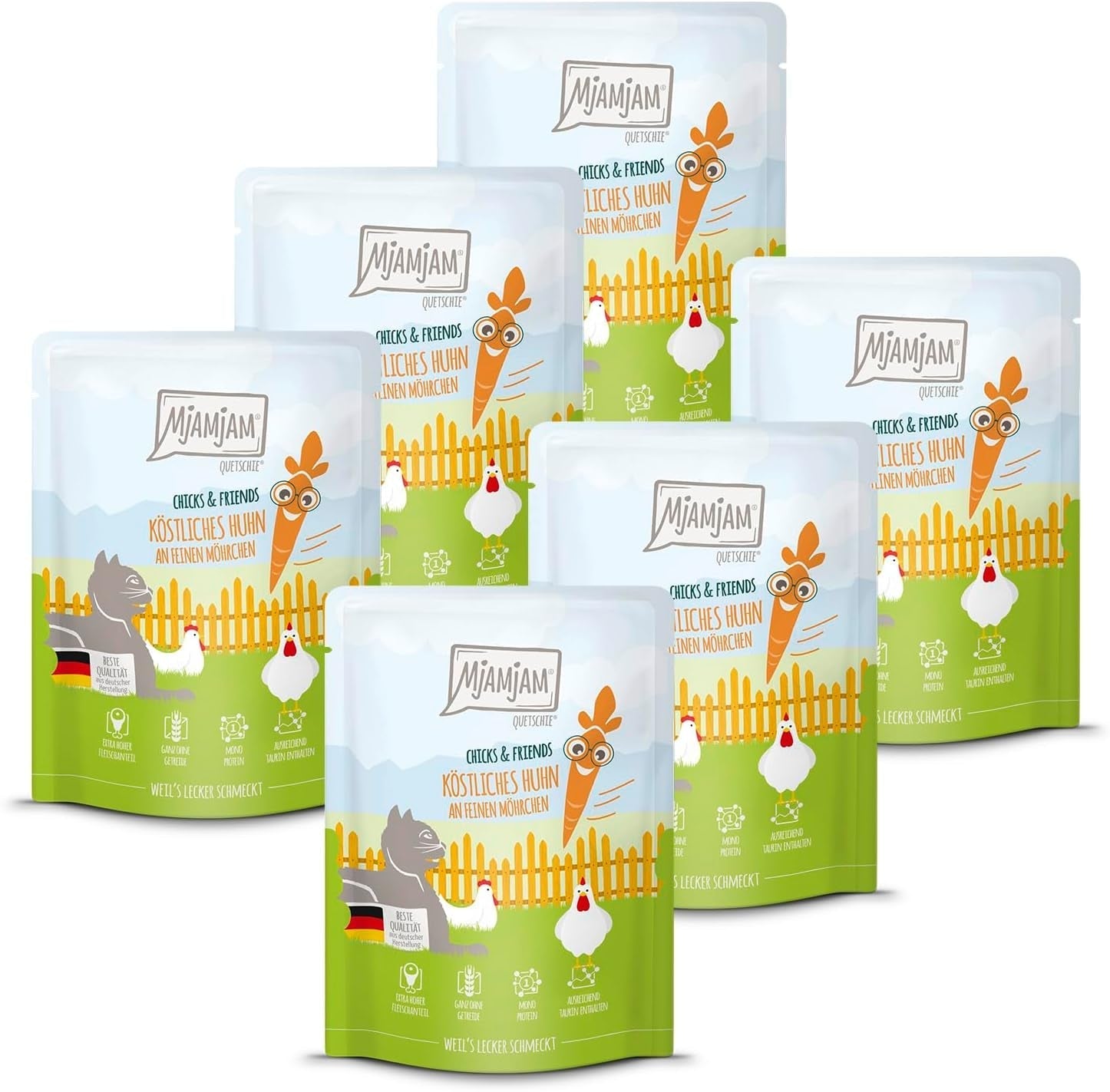 Mjamjam - Hrană umedă premium pentru pisici - Chicks & Friends Box, 9 pachete (9 X 300G), fără cereale și cu carne suplimentară