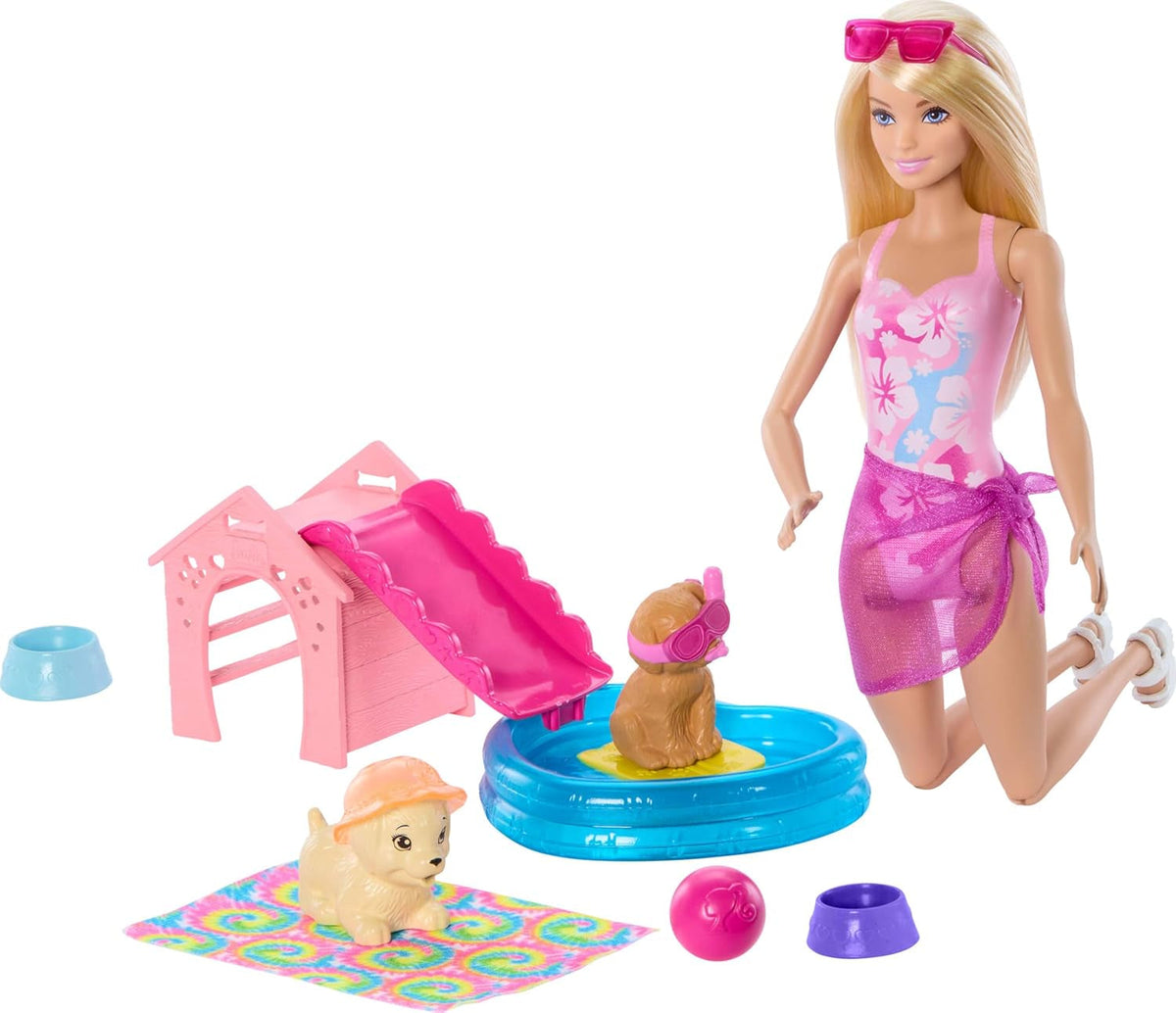 Barbie Welpen-Pool Party Spielset mit Modepuppe, Hundehütte und -rutsche, herzförmigem Pool, 2 Hundefiguren, 6 Zubehörteilen und Farbwechsel, JBF35