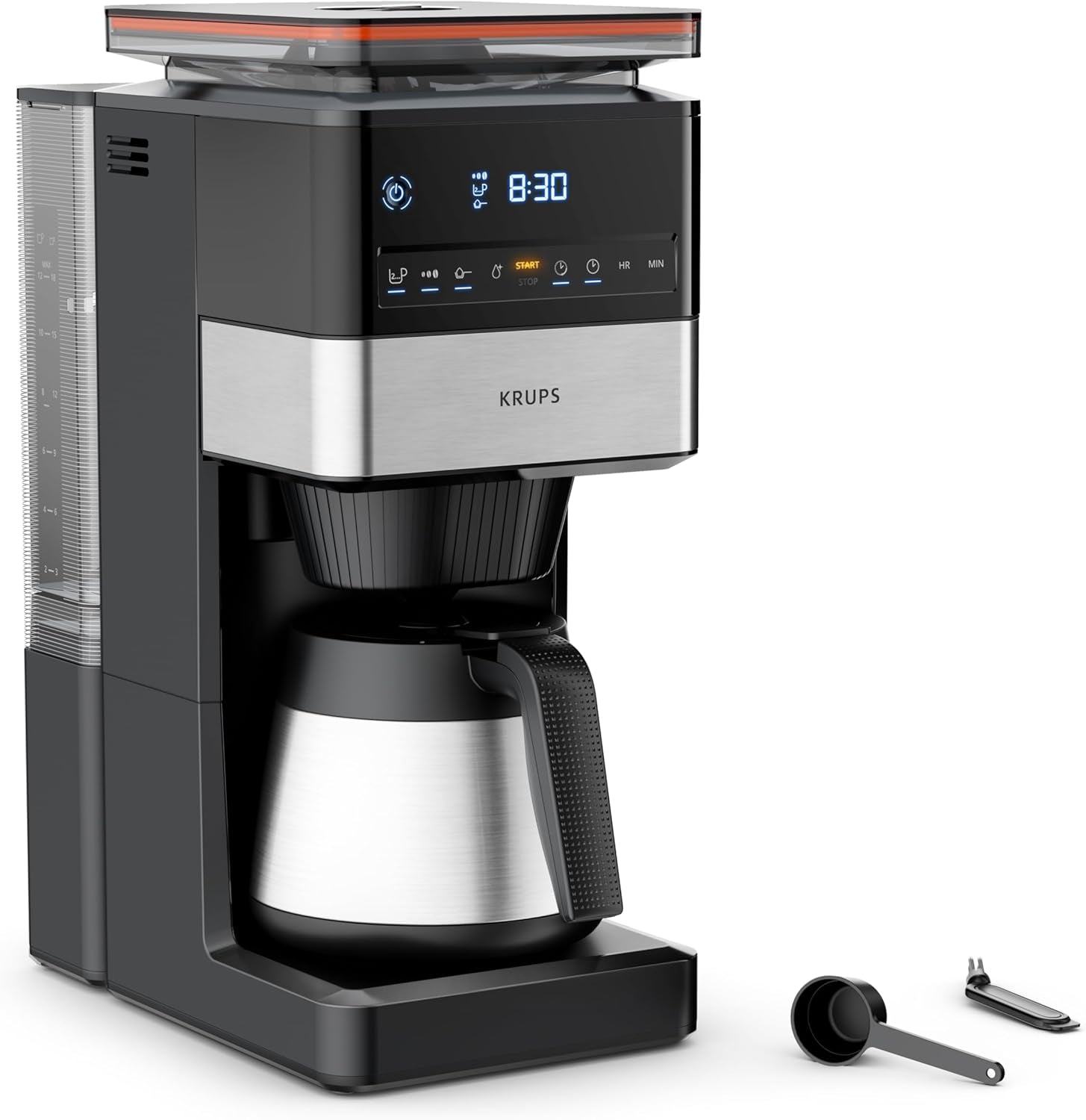 Espressor KRUPS Grind Aroma XL, râșniță conică detașabilă, panou de control digital, capacitate XL (1,5 l), funcție de menținere la cald, carafă din sticlă, negru/oțel inoxidabil, KM842810