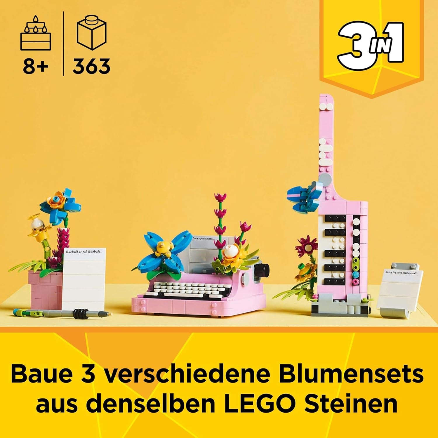 LEGO Creator 3 az 1-ben írógép virágokkal - Keytar-modellré alakítható játék vagy virágcserép füzettel és tollal - építőkészlet - ajándék lányoknak és fiúknak 8 éves kortól 31169 Építőkészletek Besuche den LEGO-Store