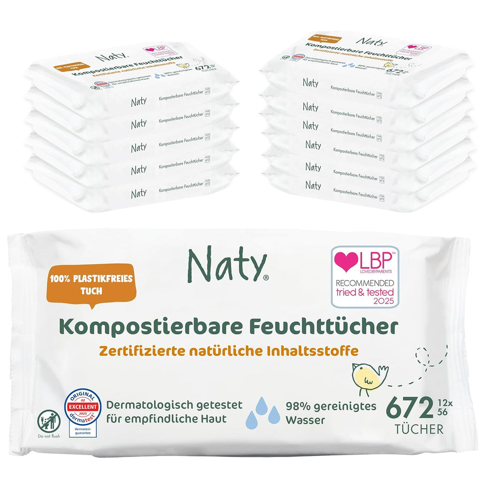 Naty Baby Wipes | 100%-ban gyógynövény- és illatanyagmentes érzékeny bőrre | Műanyagmentes és minősített komposztálható törlőkendők 98%-ban tisztított vízzel | 672 törlőkendő (12 csomag)
