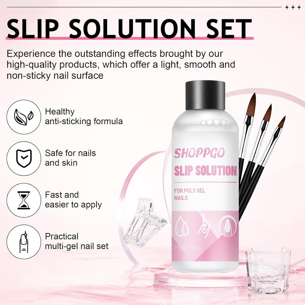 Soluție de unghii Polygel, Kit pentru unghii Poly Gel Slip Solution, Soluții lichide pentru unghii Polygel 75 ml, 5 cleme pentru vârfuri de unghii, 3 perii de unghii, 1 cupă de cristal, 100 foi de curățare