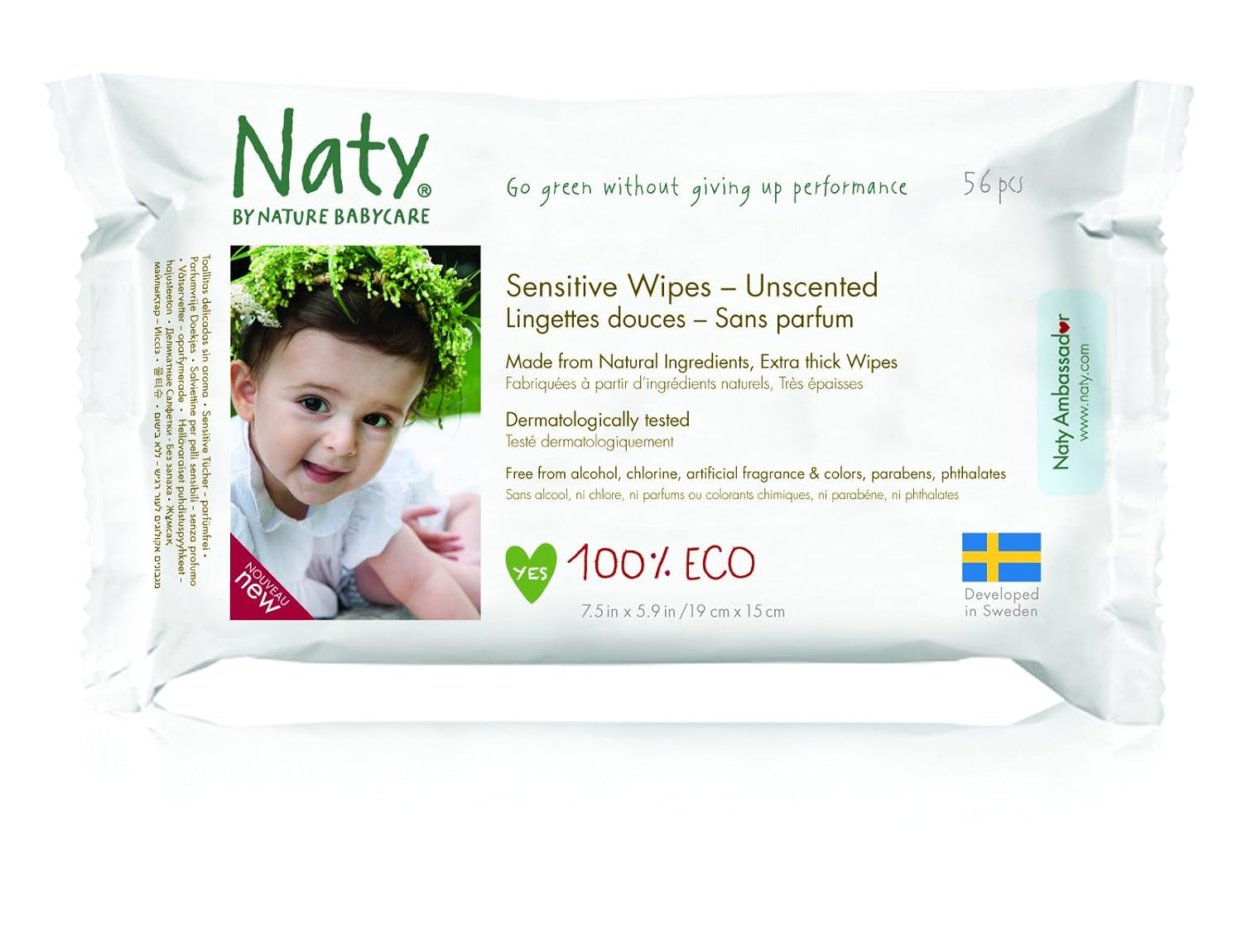 Eco by Naty Baby Care, Organikus nedves törlőkendő babáknak, illatmentes, 56 pelenka