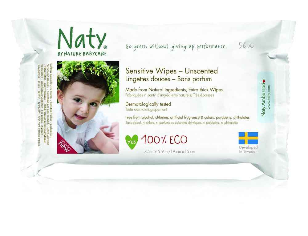 Eco by Naty Baby Care, Organikus nedves törlőkendő babáknak, illatmentes, 56 pelenka