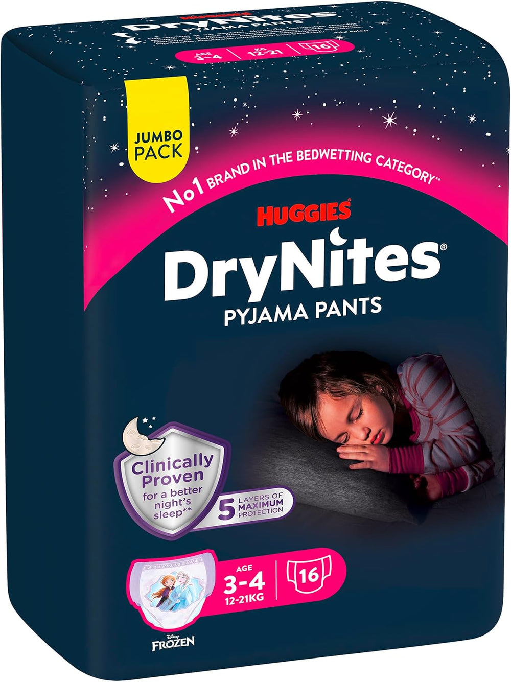 Huggies DryNites szuper nedvszívó éjszakai pelenkák lányoknak 3-4 éves korig (12-21 kg) 4 x 16 darab (összesen 64 darab) havi bugyicsomag