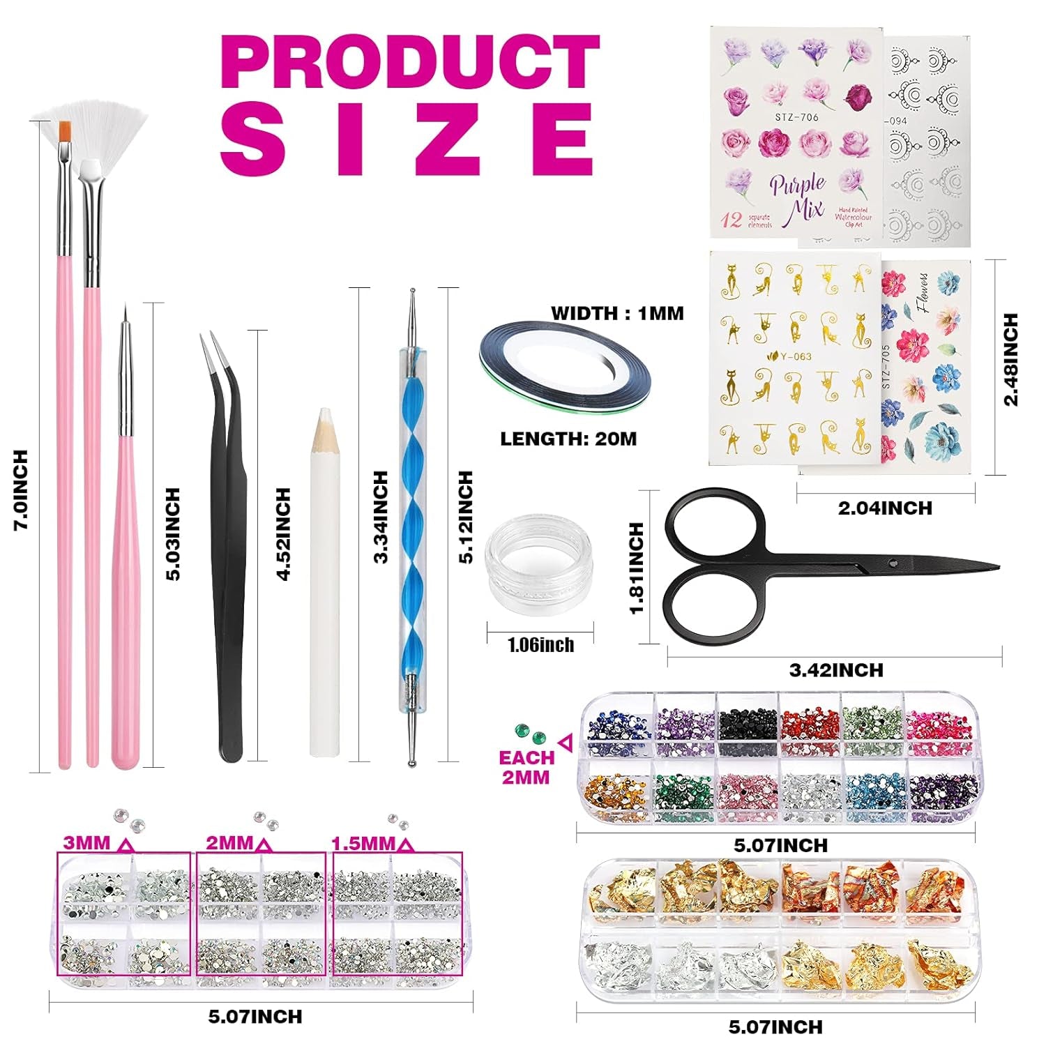 FANDAMEI 54 Blätter Wassertransfer Nagelsticker & Nail Art Pinsel Set, Dotted Pens, Blattgold Für Nagelkunst, Streifenband, Strasssteine, Werkzeug Und Dekorationen Set Für Nagelkunst Maniküre Set