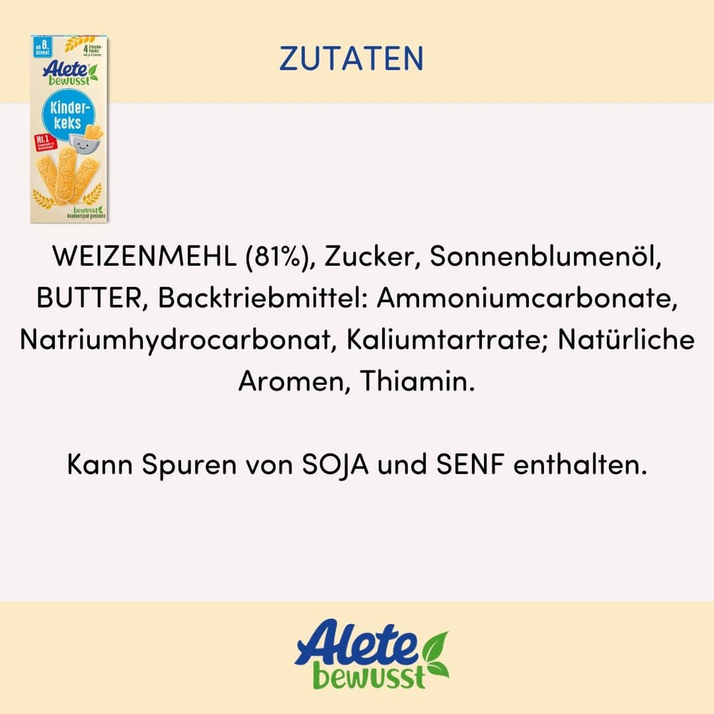 Alete Conscious babakeksz, 8 hónaposnál idősebb, búzavajas keksz csecsemőknek, kényelmesen csomagolt kis snack keksz, tökéletes menet közben és időben, 1 x 180 g (2 db-os csomag)