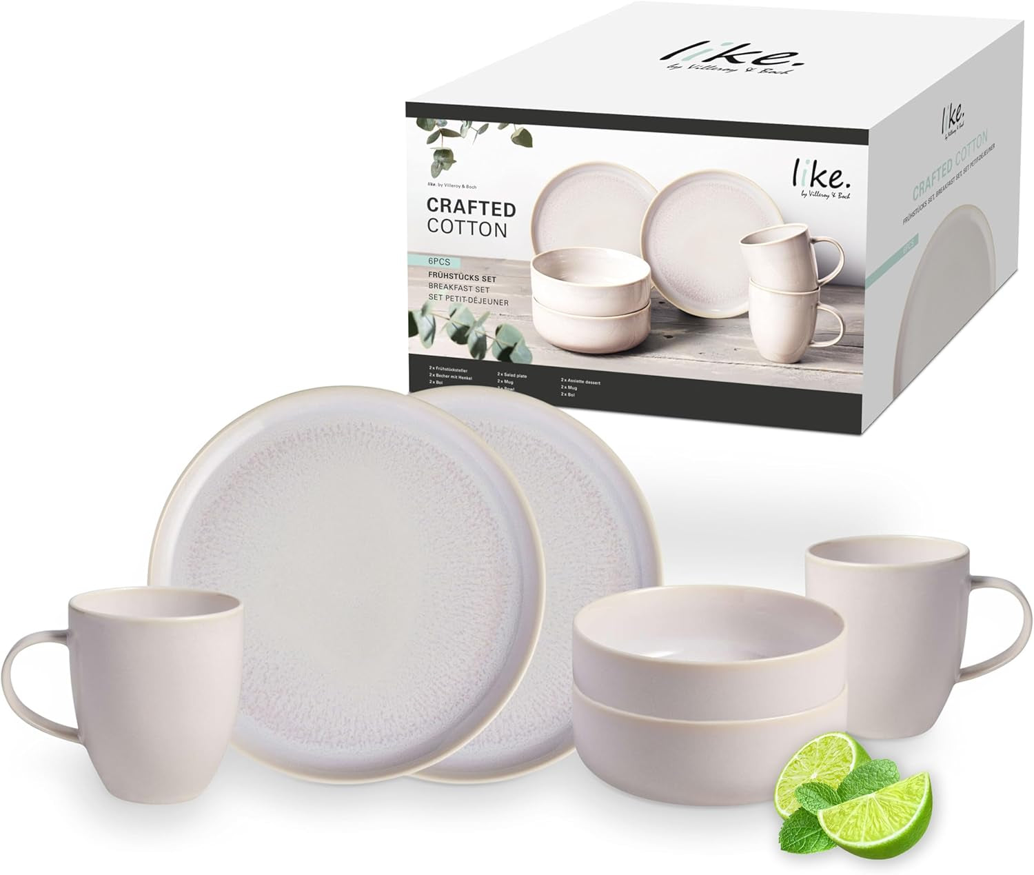 Like. by Villeroy & Boch – Crafted Cotton Frühstücks-Set 6 Teilig Weiß, Spülmaschinenfest, Mikrowellensicher, Geschirr Set, Geschirrset, Service Mit Frühstückstellern, Pottery-Look, Premium Porzellan Seturi vesela masa Naty Shop Frühstücksset
