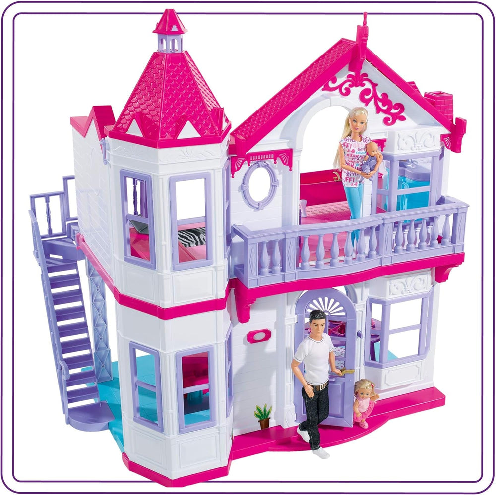 Simba 104661996 - Steffi Love Dreamhouse, Nagy játszóház, 4 szoba, BÁBOK NINCS, 84 cm magas, kétszintes, funkcionális csengő, összecsukható Naty Shop babaházak