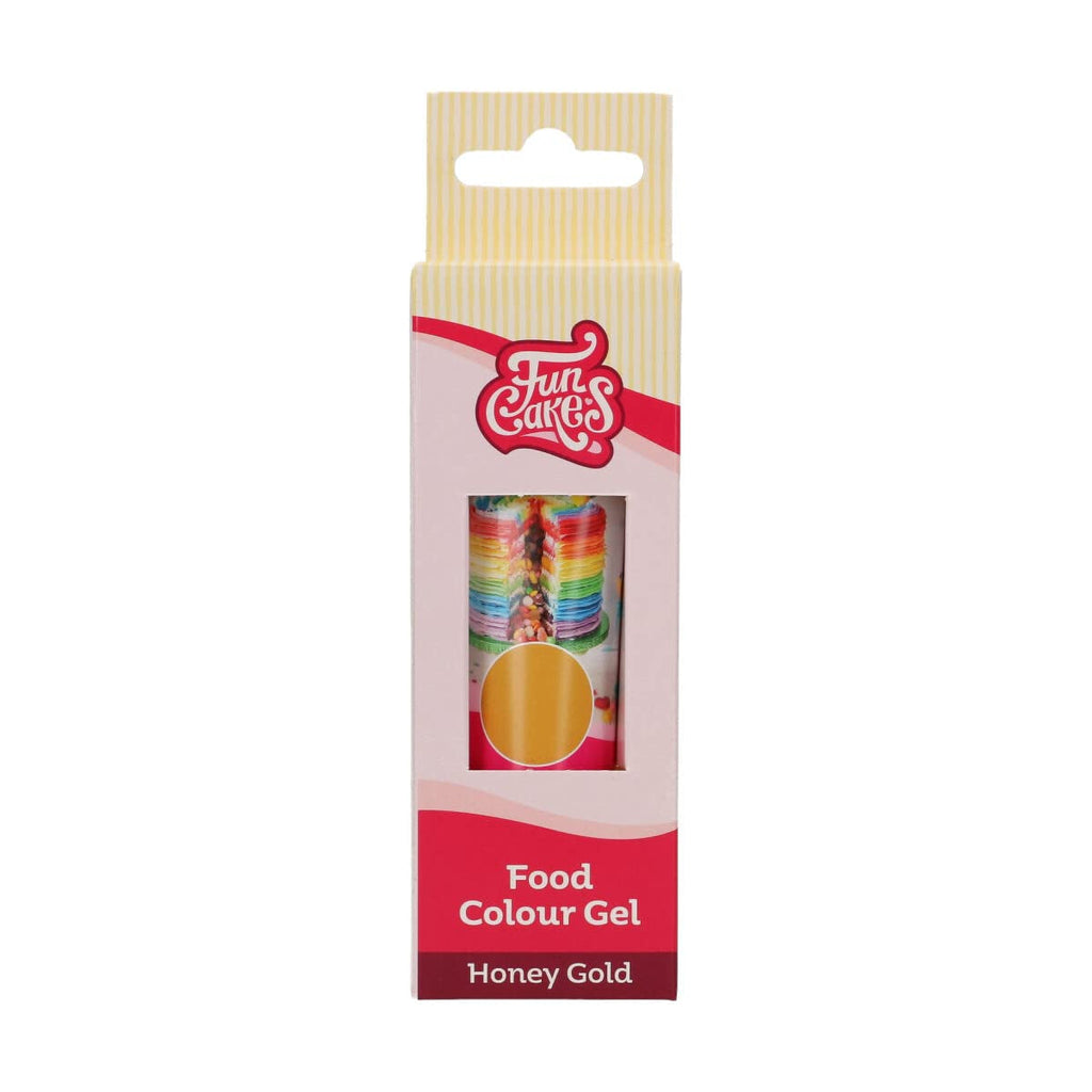 Colorant alimentar Funcakes, gel de culoare Honey Gold: Colorant alimentar foarte concentrat pentru aluat, cremă, fondant, marțipan și produse de patiserie. Dozare ușoară. Picătură individuală pentru a crea culori vibrante. Halal. 30 g.