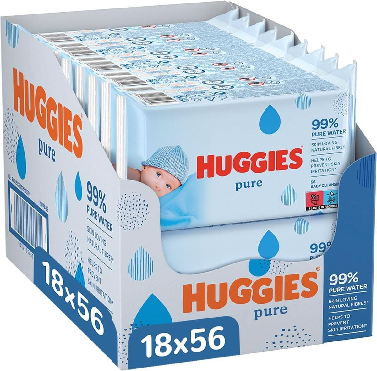 Huggies Pure Baba törlőkendők 18 csomag (összesen 1008 törlőkendő) — 99% tiszta víz — illatmentes a gyengéd tisztítás és védelem érdekében baba nedves törlőkendők Naty Shop