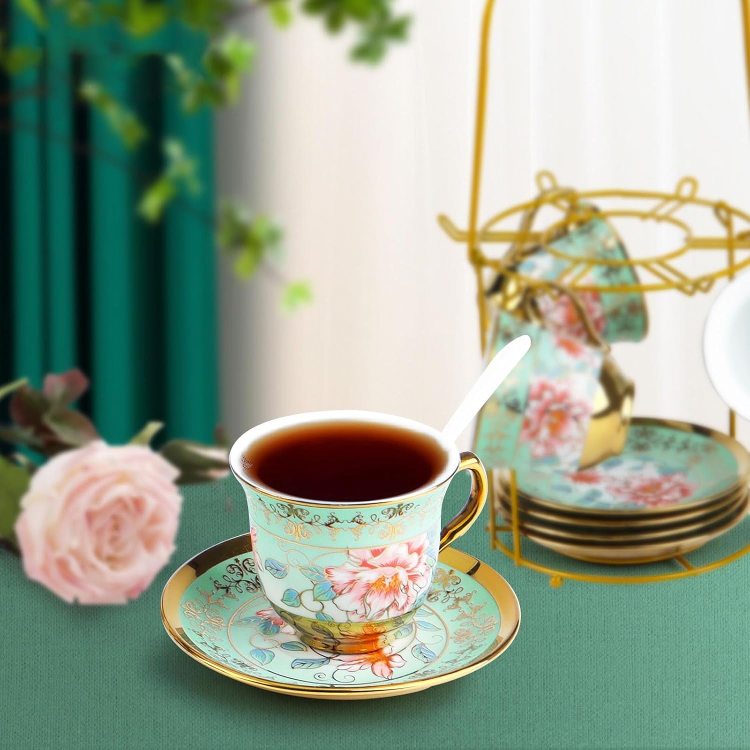 Set de ceai din ceramică cu suport metalic, set de ceai din porțelan cu 20 de piese cu motiv floral vintage, set de ceai în stil european pentru 6 persoane, ceașcă de ceai din ceramică de 160 ml, ceainic de 700 ml, pentru petreceri