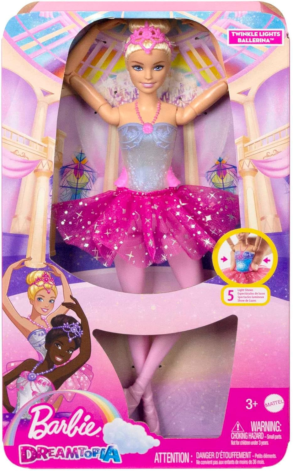 Barbie Dreamtopia Magic Light Balerina baba rózsaszín tutuval és szőke hajjal, 5 fény- és hangeffektus, mozgatható Barbie, 3 éves kortól, HLC25 Naty Shop babák