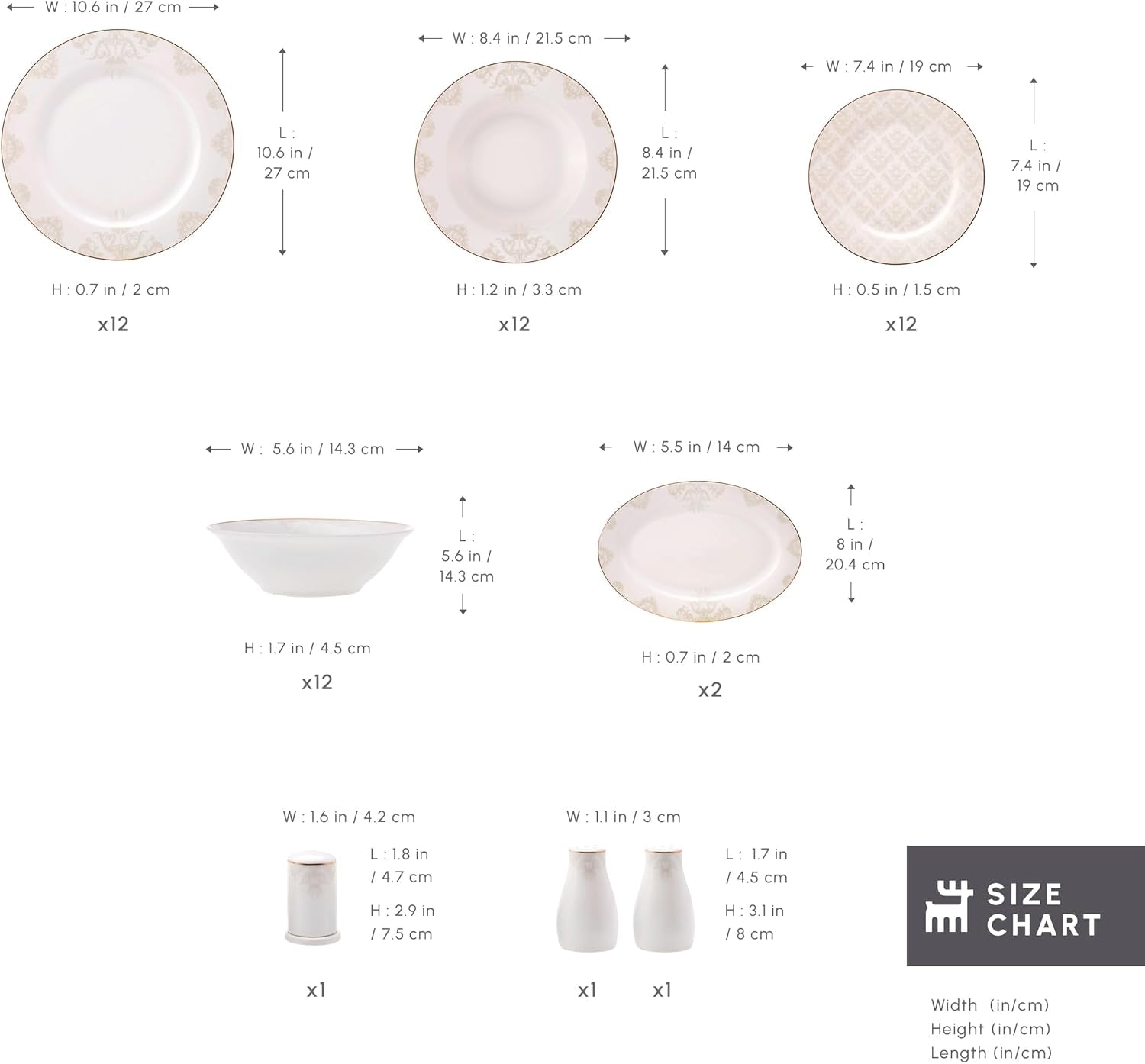 Karaca Elegance Bone Siena - set de veselă pentru 12 persoane, set modern de farfurii din porțelan, set de veselă cu boluri pentru supă, platou de servire, farfurii adânci, farfurii pentru desert - alb și auriu