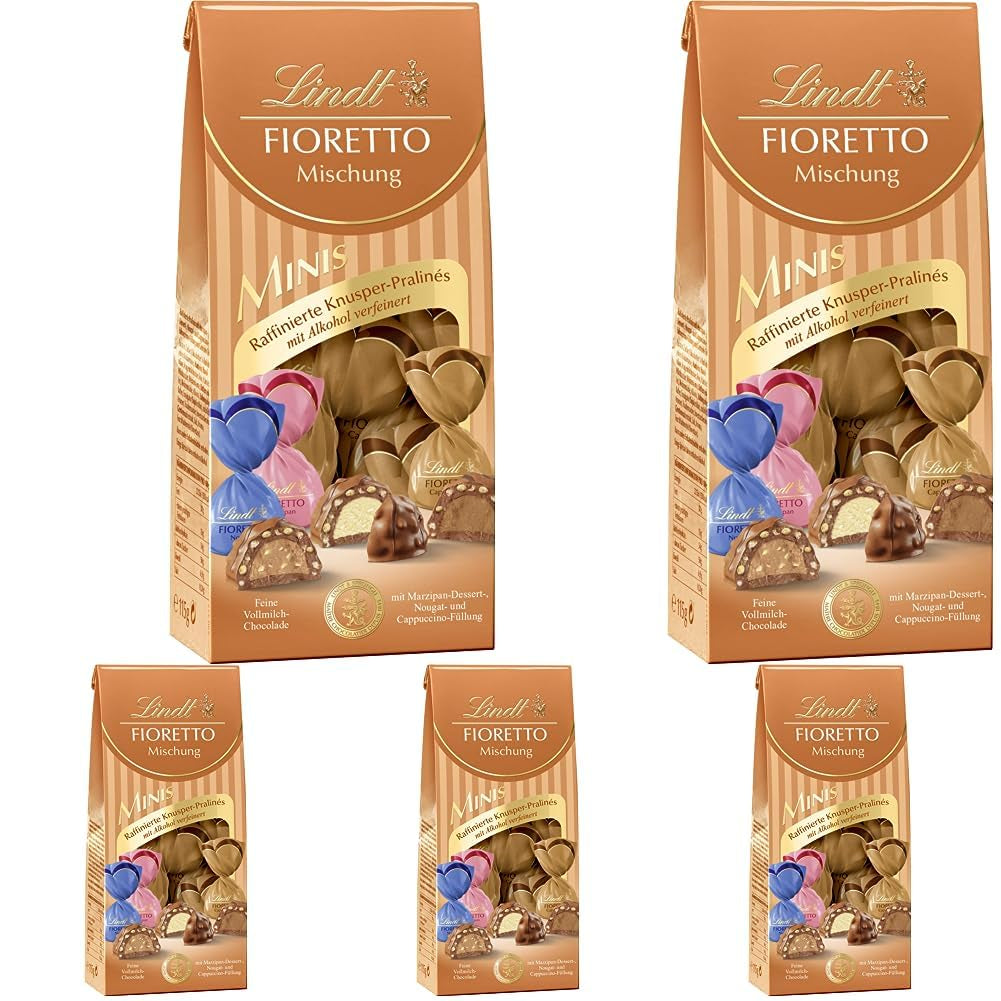 Csokoládé - ​​választék FIORETTO Minis | 115 g | kb. 10 db tejcsokoládé praliné marcipán, cappuccino és nugát ízben, alkoholt tartalmaz | Csokoládé ajándékkészlet | Csokoládé ajándékkészlet (5 db-os csomag)