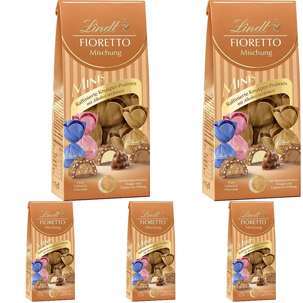Csokoládé - ​​választék FIORETTO Minis | 115 g | kb. 10 db tejcsokoládé praliné marcipán, cappuccino és nugát ízben, alkoholt tartalmaz | Csokoládé ajándékkészlet | Csokoládé ajándékkészlet (5 db-os csomag)