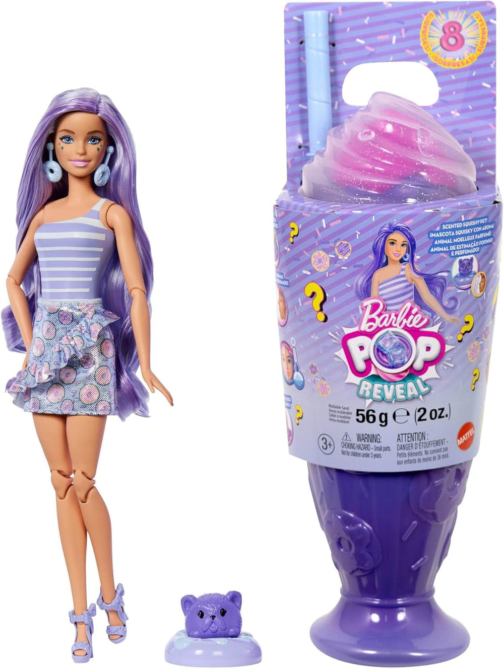 Barbie Pop Reveal Serie Set aus Modepuppe und Zubehör, Treat-Serie, Cool Cupcake Design mit Haustier, 8 Überraschungen inklusive Farbwechsel, JFY61