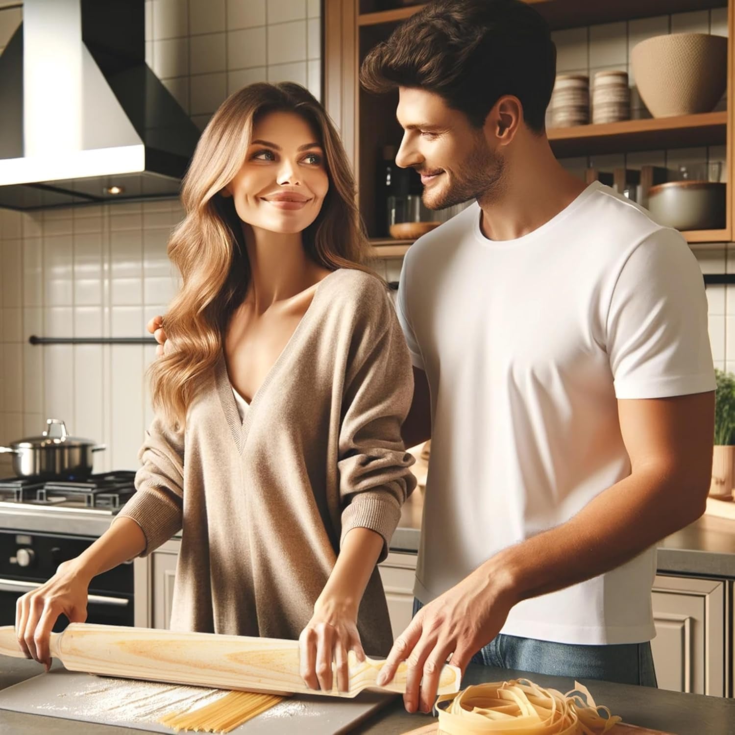 Nudelholz aus Holz mit Griffen – 40 cm x 4 cm – Nudelholz mit Antihaft-Oberfläche zum Ausrollen und Kneten von frischen Nudeln, Pizza, Keksen, Ravioli, Kuchen, Gebäck – nützlich in der Küche