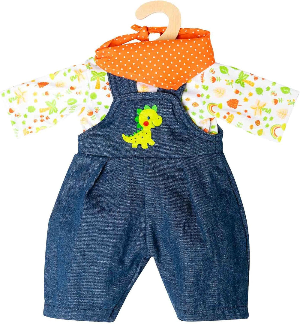 Heless 1115 - Bekleidungs-Set für Puppen im Dino-Design, 3 teilig mit Latzhose, T-Shirt und Halstuch, Größe 28-35 cm