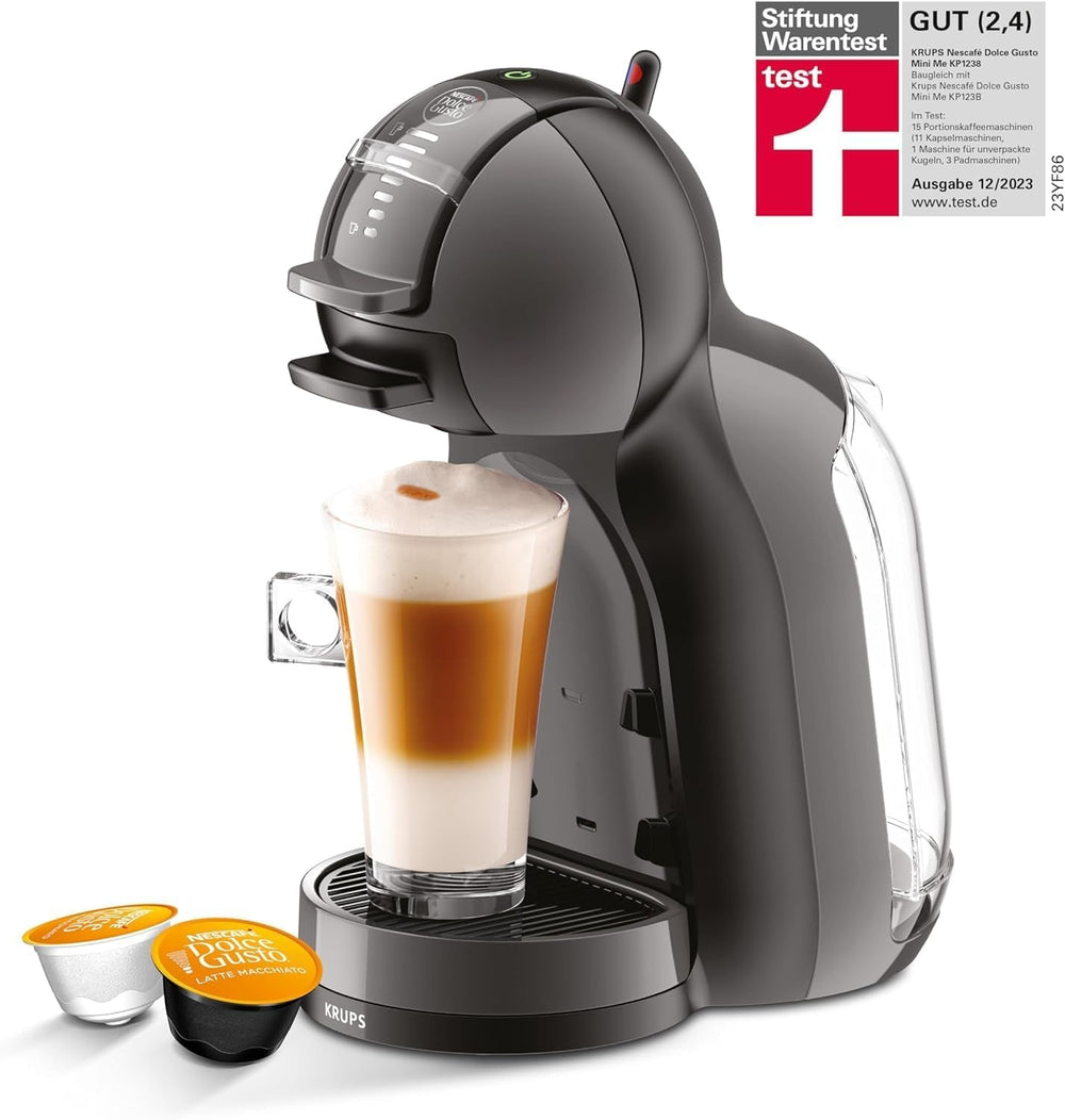 NESCAFÉ DOLCE GUSTO Krups KP1238 Mini Me Coffee Capsule Machine, 15 Bar, Compact, High Pressure Coffee Machine, Over 30 Coffee Creations, Choice of Drink Size, Black/Anthracite mit Dallmayr Prodomo